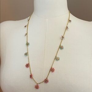 Anthropology Gold Chain Necklace with Pink, Blue & White Flower Charms NWT